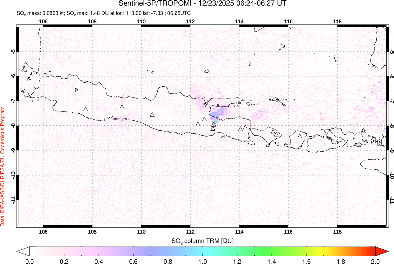 A sulfur dioxide image over Java, Indonesia on Dec 23, 2025.