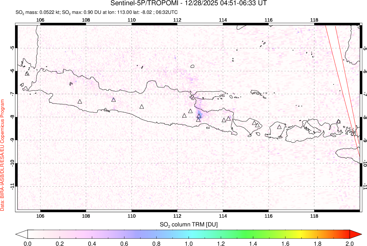 A sulfur dioxide image over Java, Indonesia on Dec 28, 2025.