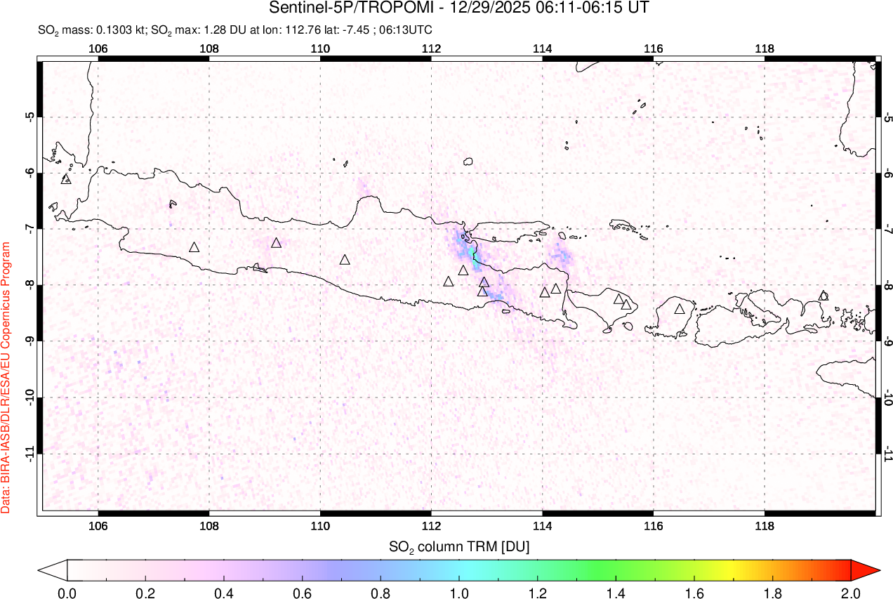 A sulfur dioxide image over Java, Indonesia on Dec 29, 2025.
