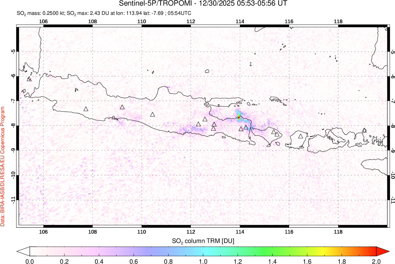 A sulfur dioxide image over Java, Indonesia on Dec 30, 2025.