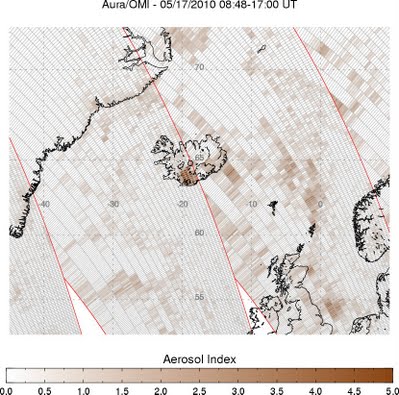 A aerosol index image over Eyjafjallajökull, Iceland on May 17, 2010.