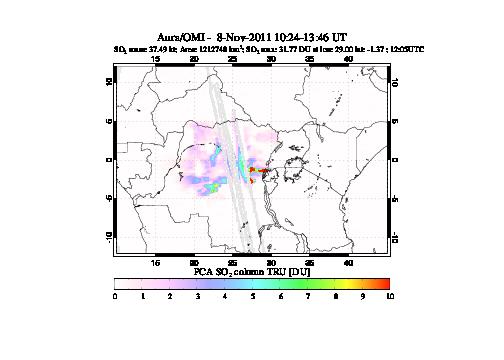 A sulfur dioxide image over Nyamuragira, DR Congo on Nov 08, 2011.