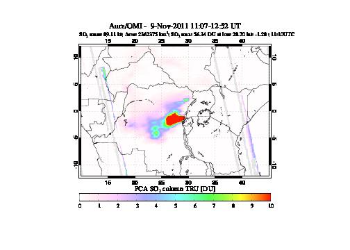 A sulfur dioxide image over Nyamuragira, DR Congo on Nov 09, 2011.