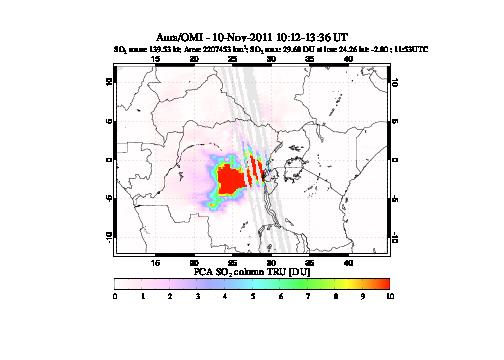 A sulfur dioxide image over Nyamuragira, DR Congo on Nov 10, 2011.
