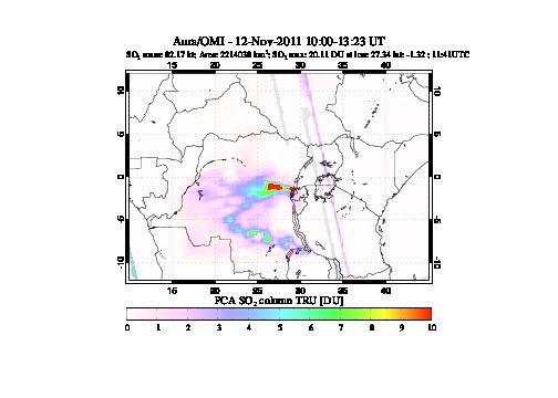 A sulfur dioxide image over Nyamuragira, DR Congo on Nov 12, 2011.