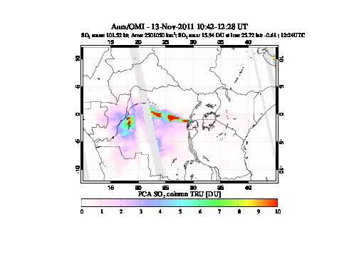 A sulfur dioxide image over Nyamuragira, DR Congo on Nov 13, 2011.